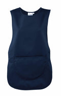 Premier's PR171 is a navy blue apron featuring a sleeveless design, rounded neckline, and large front pocket.