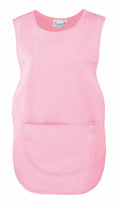Premier's PR171 is a pink apron featuring a large front pocket and designed in a simple sleeveless style.
