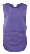 The PR171 apron by Premier is a sleeveless, purple garment featuring a large front pocket and designed for versatility and comfort.