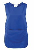 The Premier PR171 is a blue, sleeveless tabard featuring a large front pocket, perfect for work or craft activities. It has a plain fabric finish and includes a small label at the neckline.