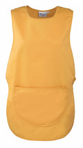 An apron labeled PR171 from the Premier brand, featuring a sleeveless design and a large front pocket in orange, displayed against a white background.