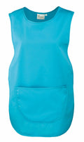 A PR171 apron in bright blue from the Premier brand is displayed. It features a large front pocket, a tag with branding at the neckline, and a simple sleeveless design with rounded neckline and bottom edges.