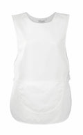 The Premier PR171 apron is a simple white design featuring a rounded neckline, large front pocket, side straps, and no sleeves.