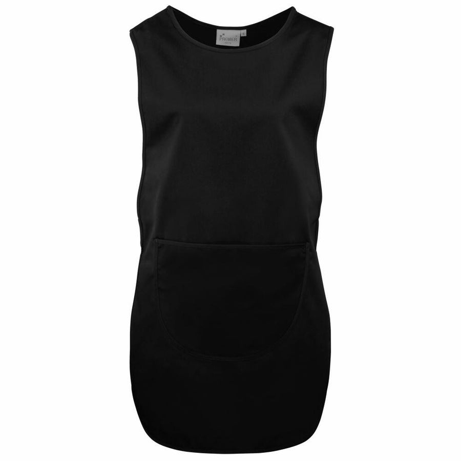 A Premier PR172 sleeveless black apron featuring a front pocket and a simple design.