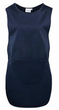 The Premier PR172 apron features a navy blue color, a large front pocket, and a sleeveless design.