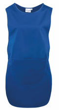 A Premier's PR172 apron in blue featuring a front pocket, set against a plain white backdrop.