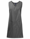 The Premier PR174 apron features a gray, sleeveless design with front pockets and a V-neck style.