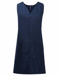 The PR174 by Premier is a sleeveless apron in navy blue, featuring a V-neck and two front pockets.