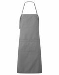 A simple gray apron from Premier, featuring a neck strap and two front pockets. Product name: PR181.