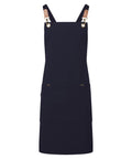 The Aprons product is black with two front pockets, wide shoulder straps fastened by metal rings and leather patches, shown on a white background.