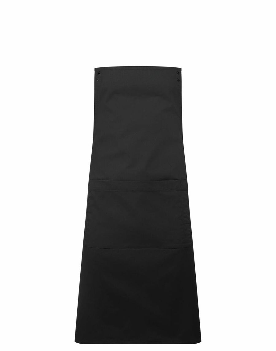 Premier's PR190 black apron, featuring two pockets and an adjustable neck strap, laid flat against a white background.