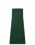 A Premier PR190 apron featuring a plain green design with two silver buttons at the top.
