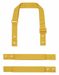 Premier's PR191 yellow fabric suspenders are displayed separately on a white background, featuring adjustable straps and button fastenings.