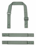Introducing the Premier PR191, a green, detachable stroller harness set featuring adjustable straps and snap buttons. This set includes a shoulder strap with a buckle and two smaller horizontal straps for secure attachment.
