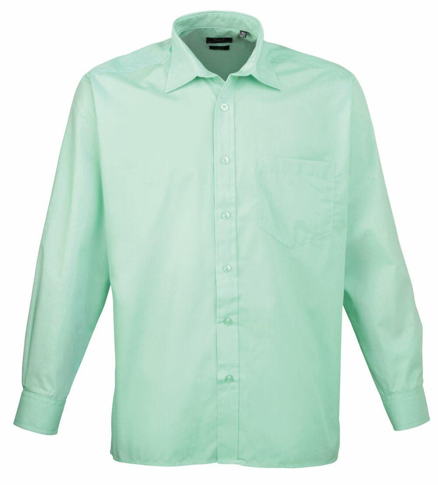 The Premier PR200 is a button-up shirt featuring long sleeves, a front pocket, and comes in light green.