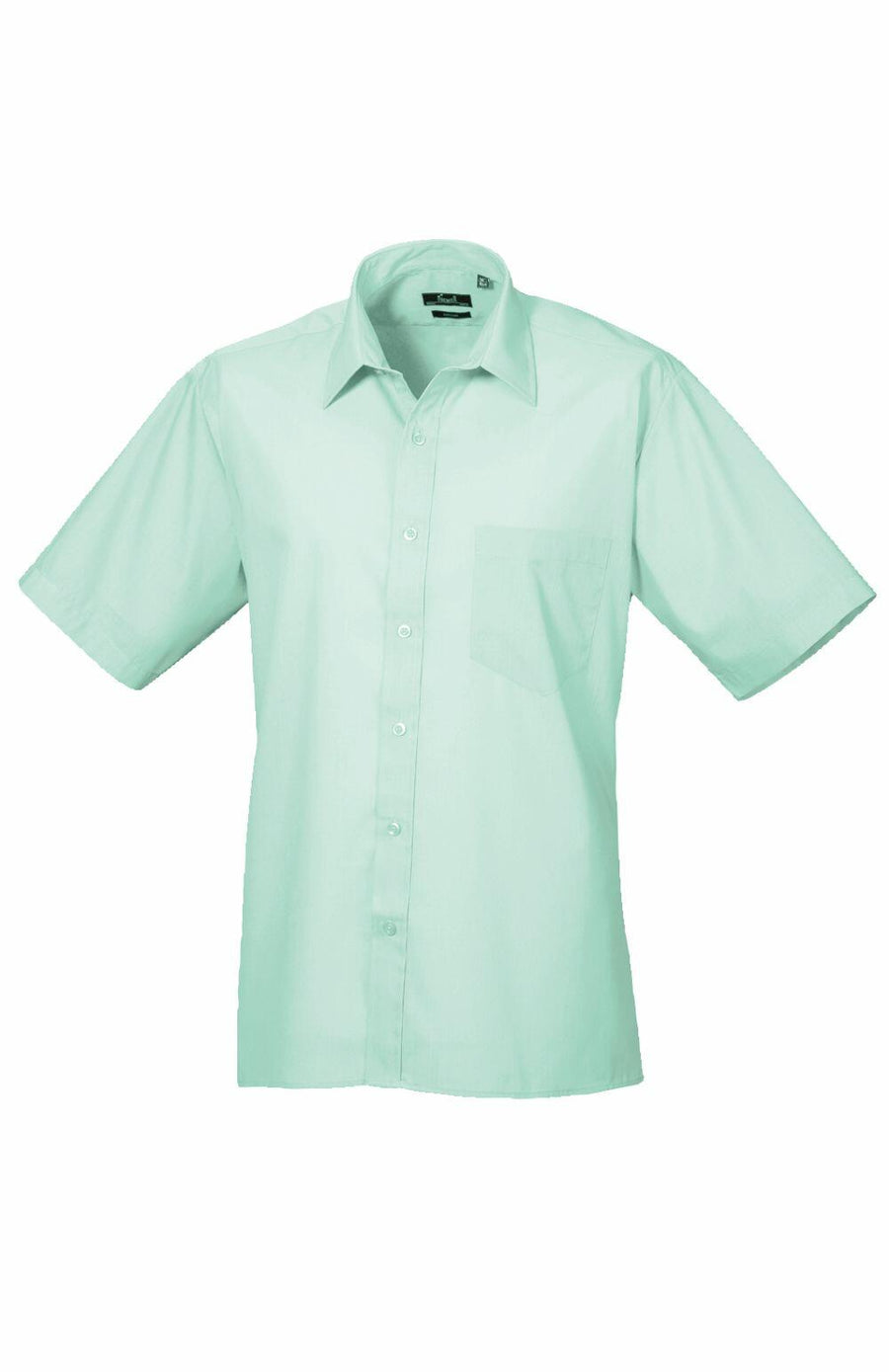 Premier's PR202 is showcased on a white background as a light green short-sleeved button-up shirt, complete with a front pocket.