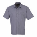 Product Description: The Premier PR202 is a gray, short-sleeved button-up shirt featuring a single chest pocket, displayed on a white background.