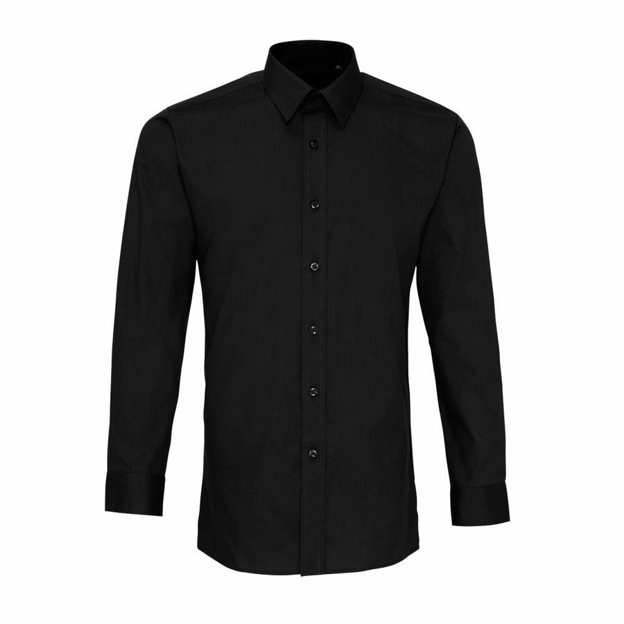 The Premier PR204 is a black, long-sleeve button-up shirt featuring a collar, shown against a white background.