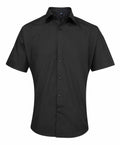 The Premier PR209 is a black short-sleeved button-up shirt with a collar, showcased against a white background.