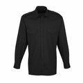 Premier's PR210 is a black button-up shirt featuring a pointed collar and two front pockets.