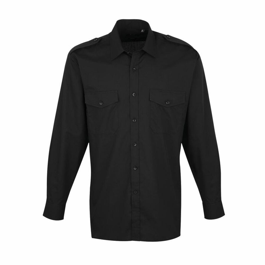 Premier's PR210 is a black button-up shirt featuring a pointed collar and two front pockets.