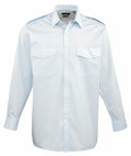Light blue long-sleeve button-up shirt, model PR210 by Premier, featuring two breast pockets and shoulder epaulets.