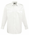 The Premier PR210 is a white long-sleeve button-up shirt featuring two chest pockets.