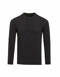 Premier's PR218 black long-sleeve henley shirt, featuring a three-button placket, showcased against a white background.