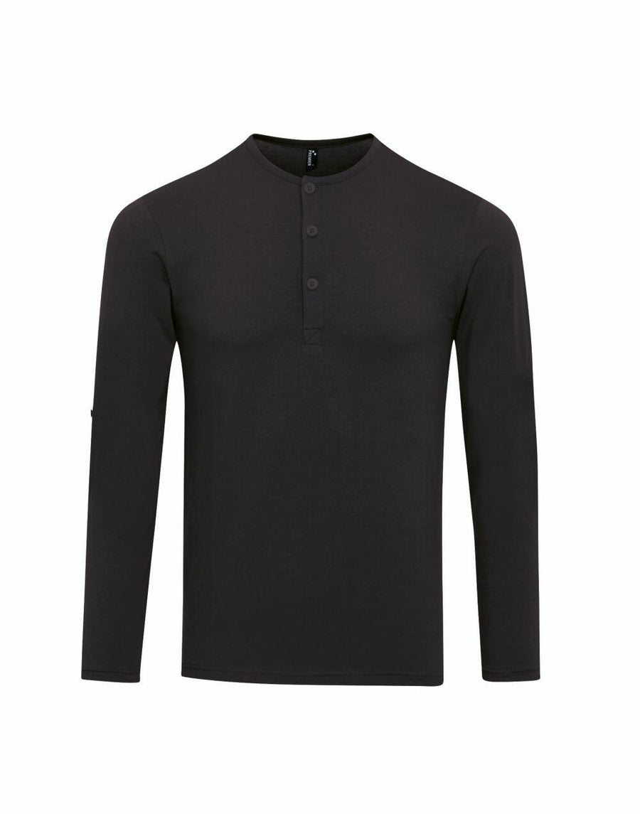 Premier's PR218 black long-sleeve henley shirt, featuring a three-button placket, showcased against a white background.