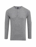 Premier's PR218 henley features a gray long-sleeve design with three front buttons.