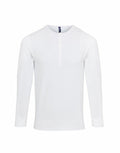 The Premier PR218 is a simple white long-sleeve Henley shirt, featuring a round neckline and a buttoned placket, showcased on a white background.