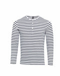 Introducing the Premier PR218: This long-sleeve shirt features black and white horizontal stripes, a round neckline, and a button-down placket. The shirt is showcased against a white background.