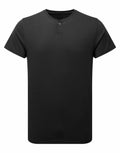 The Premier PR219 is a plain black short-sleeve henley t-shirt featuring a single button at the neckline.