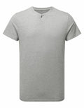 Premier's PR219 features a plain light gray short-sleeve T-shirt with a round neckline and a single button detail at the top.