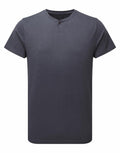 A plain dark gray short-sleeve T-shirt from Premier's PR219 line, featuring a Henley neckline with two buttons. The soft fabric gives it a casual look, ideal for everyday wear. The shirt is showcased on a white background.
