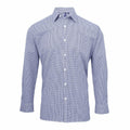 The PR220 by Premier is a men's dress shirt featuring long sleeves and a blue and white checkered pattern with a button-down front.