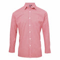 The Premier PR220 is a red checkered long-sleeve button-up shirt featuring a collar and white buttons, and it offers a classic fit.