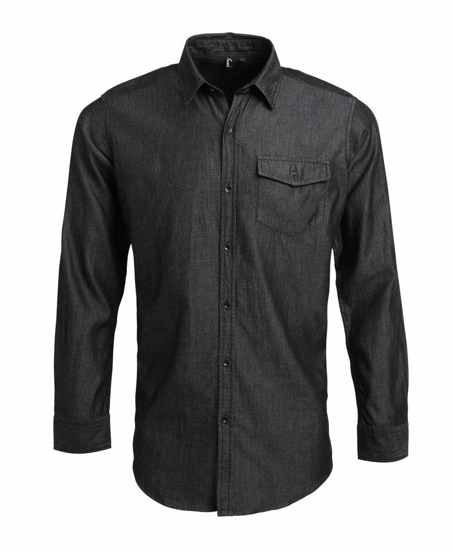 A Premier PR222 long-sleeved button-up shirt in dark gray featuring a chest pocket.