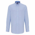 A Premier PR238 shirt in light blue, featuring a subtle striped pattern and long sleeves, is shown.