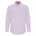 A Premier PR238 pink long-sleeve button-up shirt with a subtle striped pattern. The shirt features a classic collar and white buttons down the front, displayed against a plain white background.