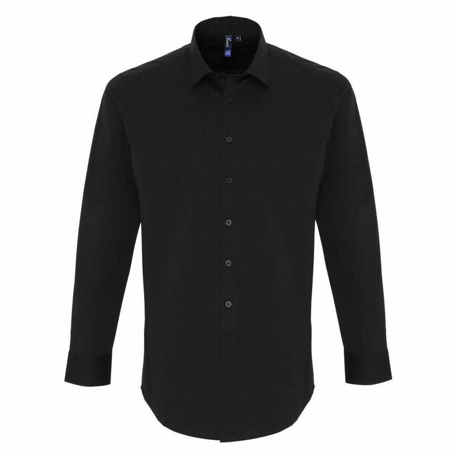 The product PR244 by Premier is a black, long-sleeve button-up shirt with a collar, neatly folded.