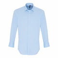 Premier's PR244 light blue long-sleeve dress shirt features a button-down front and collar, displayed on a plain white background.
