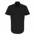 Premier's PR246 shirt, featuring a black short-sleeve button-up design, is displayed against a white background.