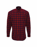 The Premier PR250 long-sleeve button-up shirt features a red and black checkered pattern, showcased against a white background.
