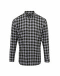 A Premier PR250 long-sleeve shirt featuring a black and gray plaid button-up design displayed on a white background.