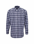 A Premier PR250 long-sleeved, button-up checkered shirt in a blue and white pattern, featuring a classic collar and displayed facing forward.