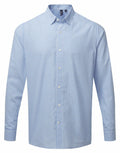 Premier's PR252 is a long-sleeve button-up shirt featuring a blue and white checkered pattern with a collar.