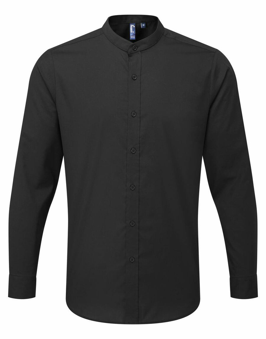 A Premier PR258 shirt, featuring a black color, long sleeves, a button-up design, and a band collar, is displayed on a plain background.
