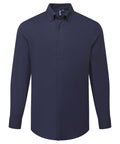 A navy blue long-sleeve button-up shirt with a collar and buttoned cuffs, shown on a plain white background.