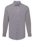 A neatly arranged, unworn shirt long-sleeved button-up in light grey with a collar and buttoned cuffs, displayed on a white background.